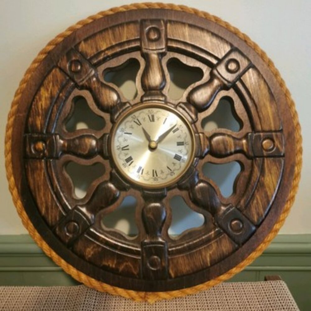 Nautical Wooden Brass Wall‎ Quartz Clock by Tochigi Tokei, PAT. PEND, Japan